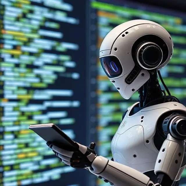 Robot reading data from a tablet depicting an AI agent creating context from a data source